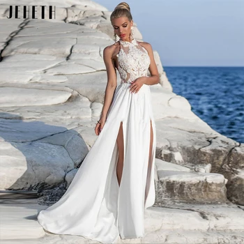 JEHETH Boho Halter Şifon Yüksek Bölünmüş Plaj düğün elbisesi Aplikler Dantel Backless gelin kıyafeti Kat Uzunluk vestidos de novia