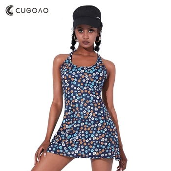 CUGOAO Moda 2 adet Çiçek Baskılı Tenis Elbise Şort Göğüs Pedi ile Rahat Kolsuz Golf Badminton Elbiseler Kadınlar için Set