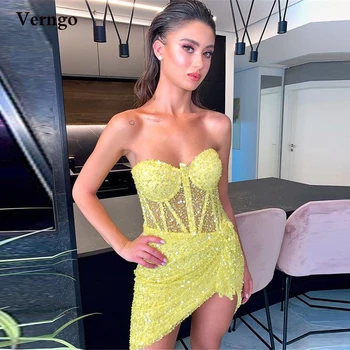 Verngo Kısa Sarı Kokteyl Parti Elbiseleri Sevgiliye Pullu Glitter Asimetrik Balo Abiye Mini Seksi Plaj Elbise Yaz Etek