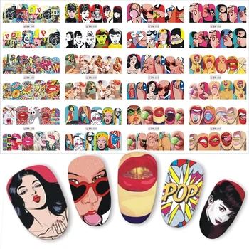 1 takım 12 Tırnak Tasarımları Tam Kapak Su Transferi Sticker Nail Art Pop Art Kaymak Dudaklar Serin Kız Seksi Kadın Tasarımları DIY Manikür