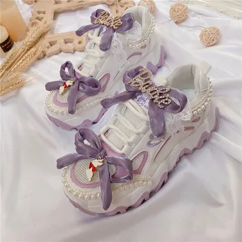 Japon Tatlı Lolita Ayakkabı Mor İlmek Sevimli platform ayakkabılar Japon Kız Lace Up Sneakers Kolej Tarzı Cosplay Cos Loli