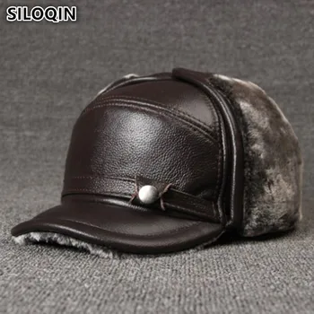 SILOQIN Hakiki Deri Kap erkek Kış Şapka Artı Kadife Kalın Kürk Sıcak Inek Derisi Deri Bombacı Şapka Kulakları Ile Rüzgar Geçirmez geniş şapka