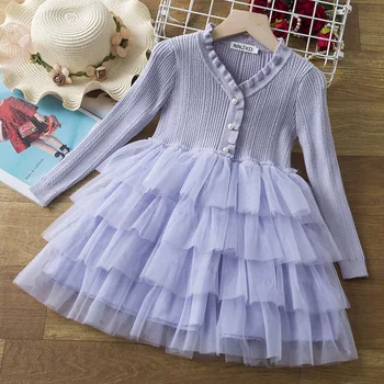 Kızlar Prenses Örgü Katmanlar Kek Elbiseler Çocuklar Örgü Zarif Parti Tutu Düğün Uzun Kollu Bahar Sonbahar Çocuk Ruffles Elbise