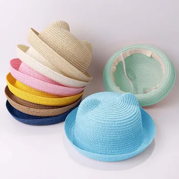 Sevimli Bebek Düz Renk Şapka Kulakları İle yazlık hasır Bebek Kız Erkek Şapka Çocuk Kap Çocuk Güneş Koruma SunbonnetBeach güneş şapkası