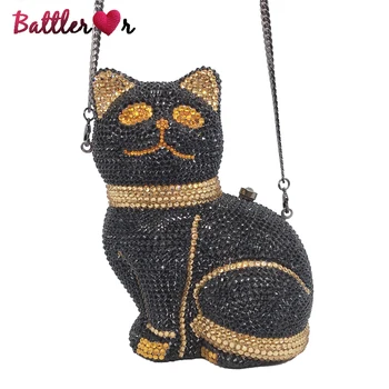 Siyah 3D Kedi Şekli Akşam Çanta Kadınlar için Kristal Debriyaj Çantalar ve Çanta Bayanlar Elmas Parti Yemeği Düğün Minaudiere Çanta