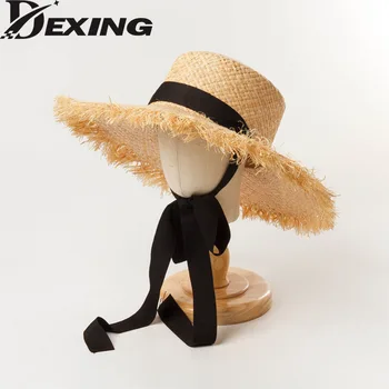 Kadın Rafya UV güneş şapkaları Moda Şerit Kız hasır Şapka 52 cm Çocuklar Kafa Boyutu Yaz plaj şapkaları