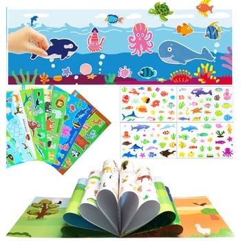 6 Farklı Stil çıkartma kitapları DIY Bulmaca Oyunu Karikatür Hayvanlar Öğrenme Eğitici Oyuncaklar Çocuklar İçin Hediyeler Sevimli Hayvanat Bahçesi Deniz Çıkartmalar