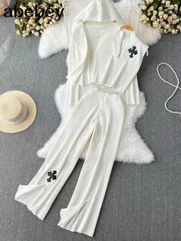 Kadın Eşofman Şık 3 Parça Set Kostüm Örme Beyaz Salon Takım Elbise Hırka Kazak + koşucu pantolonu + Kolsuz Tank Top