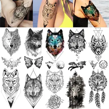 Serin Yetişkinler Geçici Dövmeler Sticker Kızlar İçin Geometrik Siyah Kurt Yüz Su Geçirmez Dövme Macunu Kadın Erkek Dövmeler Vücut Sanatı