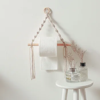 Vintage İskandinav Ahşap Sopa rulo kağıt havlu tutucu Duvar Asılı El dokuması Goblen Makrome Mutfak Banyo Havlu Askısı Dekorasyon