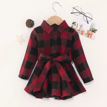 Noel Sezonu Rahat Çocuk Giysileri Bahar Sonbahar Bebek Flanel Kırmızı ve Siyah Küçük Kızlar Ekose Elbise