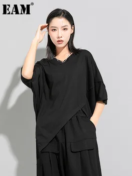 [EEM] Kadınlar Siyah Düzensiz Büyük Boy günlük t-shirt Yeni V Yaka Yarım Batwing Kollu Moda Gelgit Bahar Yaz 2023 1DE7646