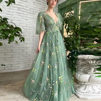 Sevintage Yeşil Nakış Dantel balo kıyafetleri Puf Kollu A-Line Uzun Düğün Törenlerinde Aç Geri Tül Abiye 2022
