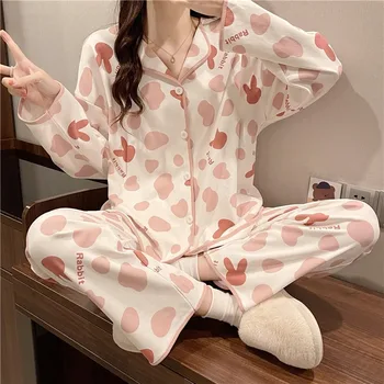 Pijama Kadın Sevimli Karikatür Tatlı Taze Moda Öğrenci Uzun Kollu Hırka Ev Giyim Pijamas Pijama Femme Dökün