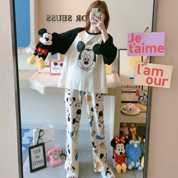 Disney Kadın Pijama Sevimli Aslan Kral Baskı Sonbahar Uzun Kollu Pantolon 2 adet Mickey Minnie Donald Ördek Karikatür Pijama Gecelik
