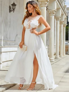 Beyaz Tül Düğün Parti Elbiseler Kadınlar için dantel kesik dekolte Seksi Gelin Balo elbisesi Sevgiliye Bölünmüş A-Line Vestidos De Fiesta