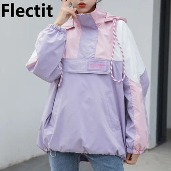 Flectit Kadın Pastel Bombacı Ceket Renk Bloğu Ön Cep Kapşonlu Rüzgarlık anorak Japon e-kızlar Estetik Elbise *