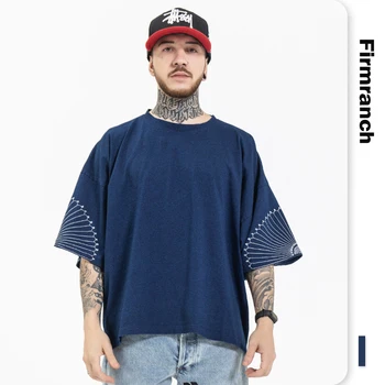 Fırmranch 2021 Tee Erkekler İçin / Kadınlar Mavi Hirata İşlemeli Desen Kısa Kollu Hip Hop Gevşek Vibe Tarzı Yüksek Sokak T-shirt Büyük