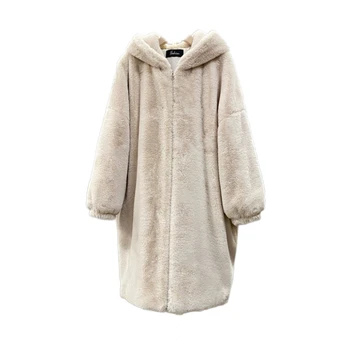 Yeni 2021 Kış Bayan Faux Kürk Palto Sıcak Büyük Boy Kadın Paltolar Kapşonlu Taklit Tavşan Bayan Uzun Palto Gevşek Giyim