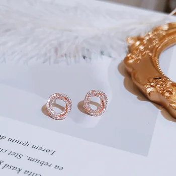 Yeni Moda Basit Tasarım Daire Zirkonya Saplama Küpe Kadınlar için Gül Altın Renk CZ Kristal Küpe Düğün Parti Takı Hediye