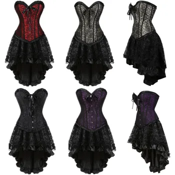 Gotik Çiçek Lace up Korse Elbise Showgirl Clubwear Lingerie Kostüm Burlesque Bustiers Korseler ve Etek Seti Egzotik kadın