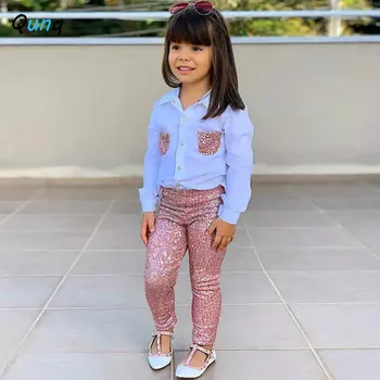 Qunq çocuk Bahar Inst Tarzı Kız Moda Rahat Boncuk Parçası Sequins Yaka Uzun Kollu Gömlek Sevimli İki Adet Set Yaş 3 T-8 T