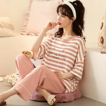 SUO ve CHAO 2023 Yeni Pijama Setleri kadın Kısa Kollu Yuvarlak Boyun uzun pantolon Karikatür Baskı Pijama Pijama