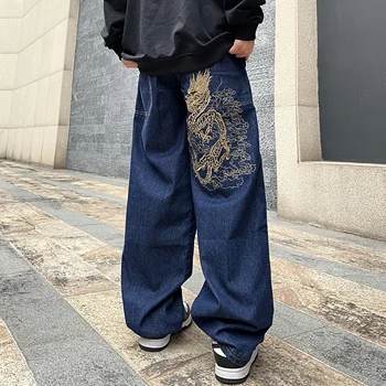 Moda Vintage Ejderha İşlemeli Grafik Düz bacak kot kadın pantolonları Tüm Maç Hip Hop Kaykay Rahat Harajuku Pantolon