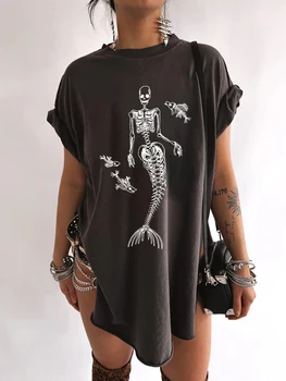 Mermaid Kafatası Baskı Vintage Kadın T Shirt Yan Yarık Yaz Komik 90s Kadın T Shirt Damla Omuz Kısa Kollu Tee Gömlek Tops