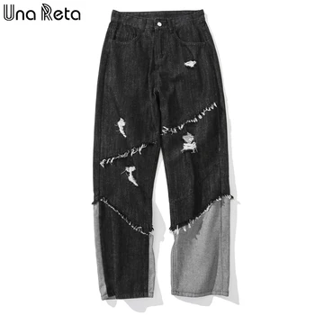 Una Reta Patchwork Erkek Kot Yeni Hip Hop Siyah Düz Delik erkek Pantolon Jean Denim Joggers Streetwear Gevşek Kot erkekler İçin