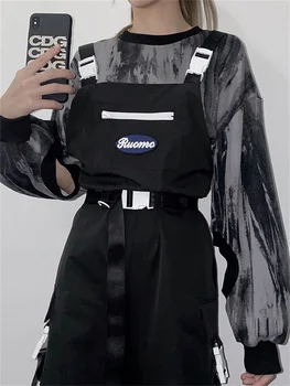 QWEEK Gotik Techwear Tulum Kargo pantolon Kadın Harajuku Hip Hop Streetwear Boy Siyah Yüksek Bel Pantolon Kadın Merkezi Goth
