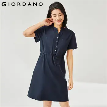 Giordano Kadın Elbise V Yaka Yarım Placket Tunik Bel Elbise Pamuk Kısa Kollu Günlük Elbiseler 05462307