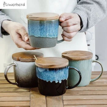 Seramik Kahve kapaklı kupa çay bardağı Yaratıcı Vintage Ev Kahvaltı Süt Yulaf Ezmesi Porselen Çömlek çay bardağı Coffeeware Teaware