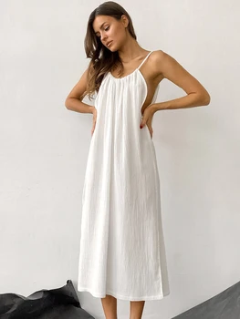 Lınad Pamuk gece elbisesi Kadınlar Seksi Spagetti Kayışı Kıyafeti Beyaz Gevşek Uzun Kadın Elbiseler Bölünmüş 2022 Sonbahar Pijama Katı