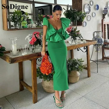 SoDigne Zarif Yeşil Saten Abiye Plise Cap Kollu Çay Boyu Balo elbisesi Bayan Resmi Özel Durum Elbise