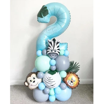 35 adet Jungle Safari Parti Hayvan Balonlar Set Mavi Dijital Balon Çocuklar 1 2 3 4 5 6 7 8 9 Yıl Doğum Günü Partisi Dekorasyon Globos