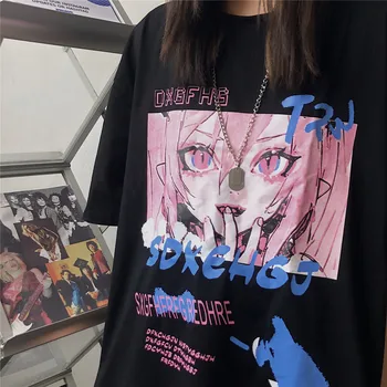 Kadın T-Shirt Anime Baskı Kısa Kollu Tee Gömlek Gevşek Tees Gotik Kadın Harajuku Yaz Kadın Giyim E-Kız Kawaii Y2k Tops