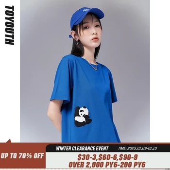 Toyouth Kadın T-shirt 2022 Yaz Kısa Kollu O Boyun Gevşek Tees Panda Nakış Desen Saf Pamuk Mavi Casual Chic Tops