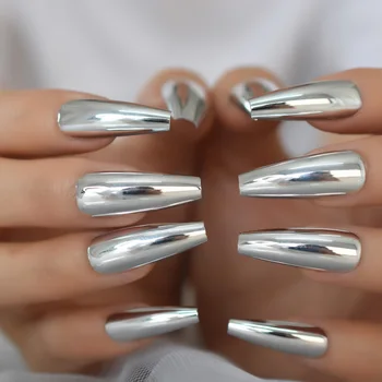 Gümüş Tabut takma tırnak Uzun Bale Metalik Yanlış Nail İpuçları Düz Renk Ayna Basın Yapay Tırnak Salonu Manikür
