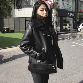 Kore Kürk All-in-one Yaka Motosiklet Ceket Kadın Kuzu Saç Sonbahar Kış Öğrencileri Yakışıklı Kalınlaşmış Kısa Pu Deri Ceket