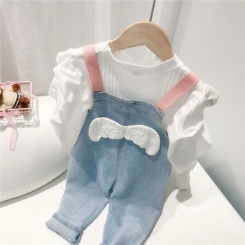 Yenidoğan Bebek Kız Jartiyer Pantolon + Puf Uzun Kollu Üst 2 Adet Moda Çocuk Çocuk Giyim Seti Denim Kot Pantolon Gömlek Takım Elbise