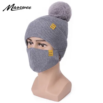 Sonbahar Kış Ponpon Şapka Kadınlar İçin Moda Düz Renk Maske Kasketleri Seti Sıcak Tutmak Rüzgar Geçirmez Açık Örme Maske Kaput Kayak Kapaklar