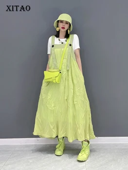 XITAO Moda Jartiyer Elbise Geniş Kayış Ekleme Pilili Kadın Kare Yaka Sadelik Rahat Gevşek Mizaç WMD4507