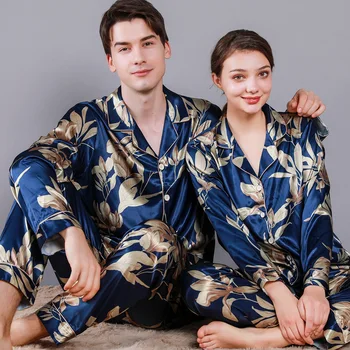 Saten İpek Kadın Pijama Çiftler için Bahar Yaz Gevşek Pijama Setleri lüks jakar Pijama Yumuşak Cilt Dostu Pijama Erkekler için
