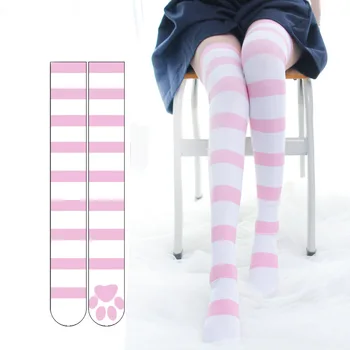 Diz üzerinde Kawaii Kedi Pedi Yavru Pençe Baskılı Çorap Kız Lolita Cosplay Kadife Tayt Tiki Tarzı Çizgili Uzun Çorap 65cm