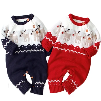 Noel Bebek Kız Romper Yenidoğan Erkek Kız Geyik Örgü Romper Bebekler Kış Sıcak Tulum Tulum Kıyafetler Noel Giyim
