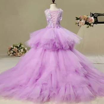 Zarif Uzun Firar Aplikler İlk Communion Elbise Mor Tül Balo Çocuk Pageant elbise Çiçek Kız Elbise Düğün için
