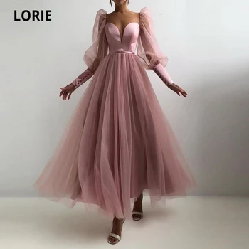 LORIE Tozlu Pembe Balo Abiye Sevgiliye Puf Uzun Kollu Tül A-Line Arapça Akşam Elbise Düğün Parti Elbise Mezuniyet için