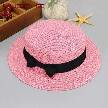 HUISHI Hasır Şapka kadın Yaz Şapka Ebeveyn-çocuk Panama Kap Kadın Kızlar Güneş kova kapağı Bej İlmek Papyon Hasır Plaj