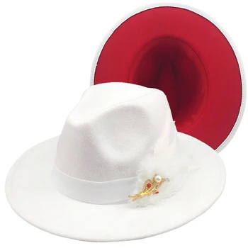 lüks Beyaz Kırmızı Patchwork Keçe Caz Şapka Kap Erkek Kadın Düz Ağız Yün şapka Beyaz tüy fötr şapkalar Panama Fötr Vintage Şapka